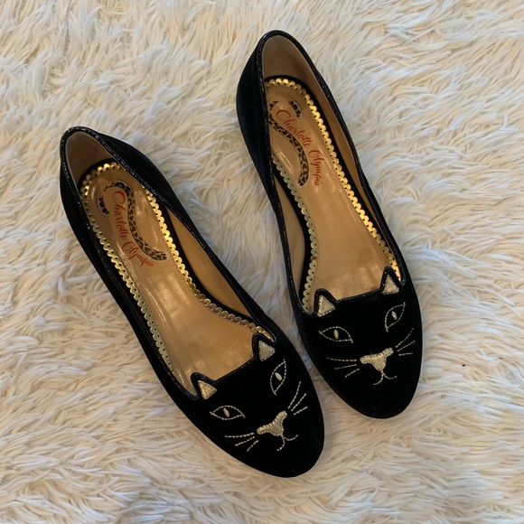 charlotte olympia black velvet kitty flats